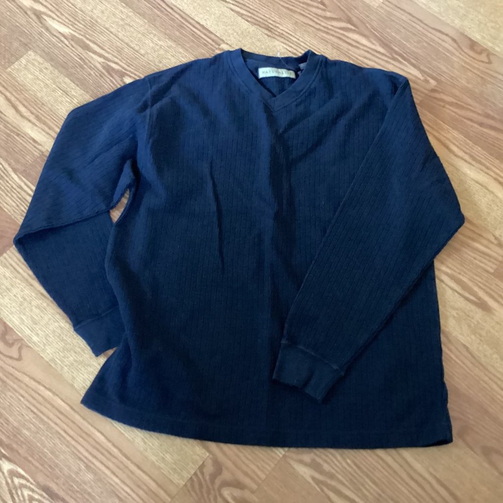 Naturalife Black Ribbed V-Neck Cotton Pullover Sweater Size L